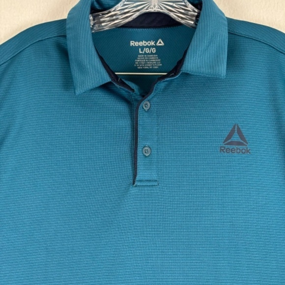 Reebok Polo Shirt Green-ish Blue Fine Stripes Black Logo on Front Size L - Picture 2 of 11